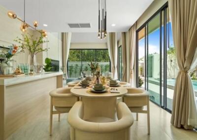 Modern dining room with large windows and natural light