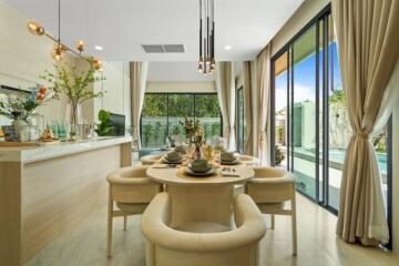 Modern dining room with large windows and natural light