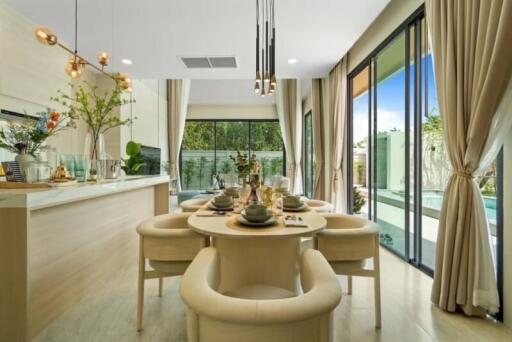 Modern dining room with large windows and natural light