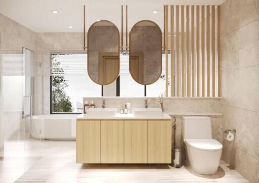 Modern bathroom with dual sinks and large mirrors