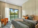 Modern bedroom with large bed, floor-to-ceiling windows, and balcony view.