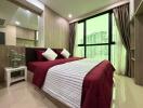 Modern bedroom with large window and red bedding