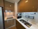 Modern kitchen with cabinets, stove, microwave, and double sink