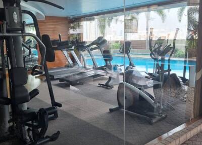 Fully equipped gym with pool view