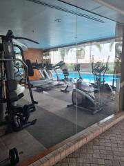 Fully equipped gym with pool view