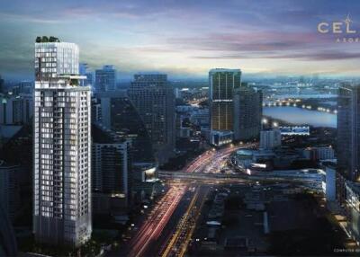 High-rise residential building in cityscape at dusk