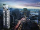 High-rise residential building in cityscape at dusk