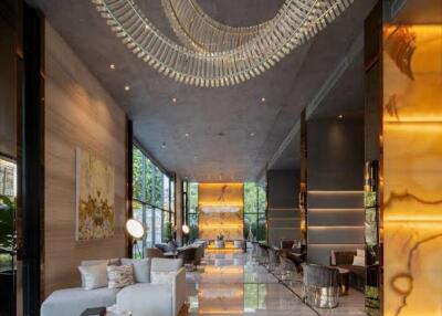 Modern luxury lobby with grand chandelier