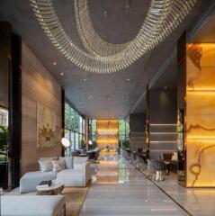 Modern luxury lobby with grand chandelier