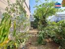 A green and lush garden with surrounding buildings in the background