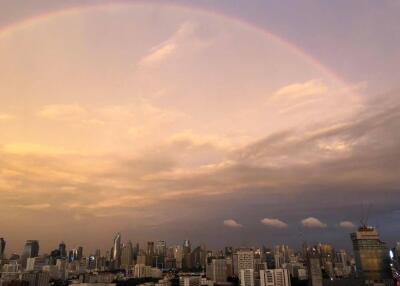 Panoramic view of city skyline with a beautiful rainbow