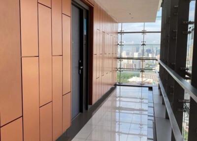 Modern building hallway with city view