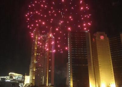 View of city skyline with fireworks at night