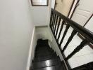 Indoor staircase with dark wooden steps and railing leading to a hallway with doors