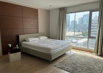 Spacious bedroom with large window and city view