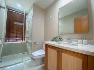 Bathroom with shower, toilet, and sink