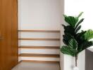 Entryway with wooden shelves and potted plant