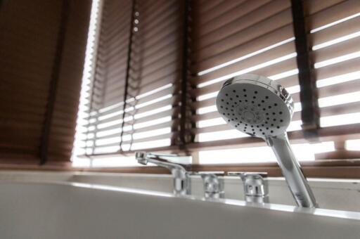 Modern bathroom with blinds and silver shower head