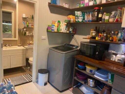 Utility room with shelves and appliances