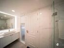 Modern bathroom with white interior and large mirror