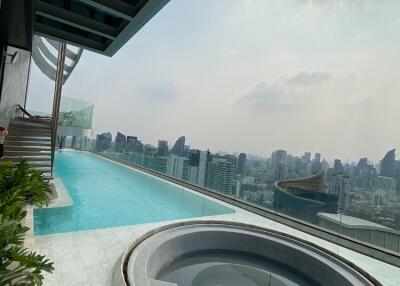 Rooftop swimming pool and jacuzzi with cityscape view