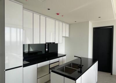 Modern kitchen with sleek white cabinets and black countertops