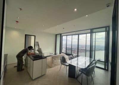 Modern kitchen with large windows and city view