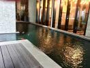 Modern indoor pond with ornamental fish in a building's lobby