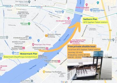 Map showing location and shuttle boat service for Watermark Chao Phraya Condominium