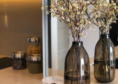 Modern kitchen countertop with decorative items