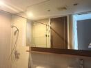 Modern bathroom with glass shower enclosure and vanity