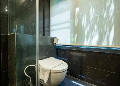 Modern bathroom with black tiles and a window