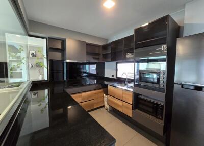 Modern kitchen with sleek black and wooden cabinetry