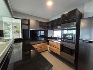 Modern kitchen with sleek black and wooden cabinetry