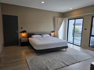 Spacious and modern bedroom with large windows and balcony