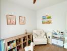 Children's bedroom with toys and bookshelf