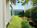 Side garden area with lush vegetation and pathway