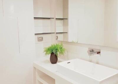 modern bathroom with white sink and a large mirror