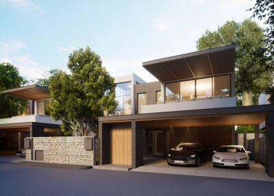 Modern houses with carports and greenery