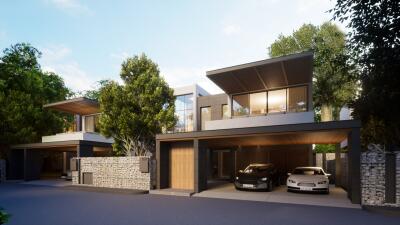 Modern houses with carports and greenery