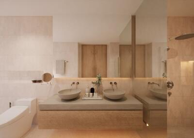 Modern bathroom with double sinks and large mirror