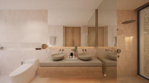 Modern bathroom with double sinks and large mirror