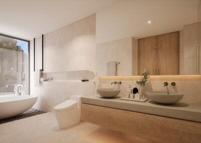 Modern bathroom with bathtub and dual sinks