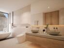 Modern bathroom with bathtub and dual sinks