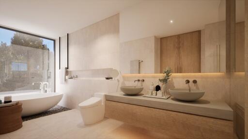 Modern bathroom with bathtub and dual sinks