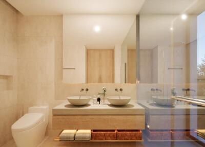 Modern and spacious bathroom with dual sinks and large mirror