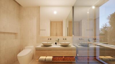 Modern and spacious bathroom with dual sinks and large mirror