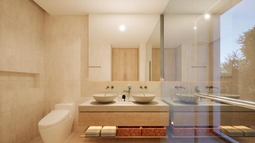 Modern and spacious bathroom with dual sinks and large mirror