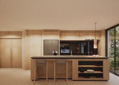 Modern kitchen with island and large window