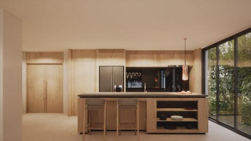 Modern kitchen with island and large window